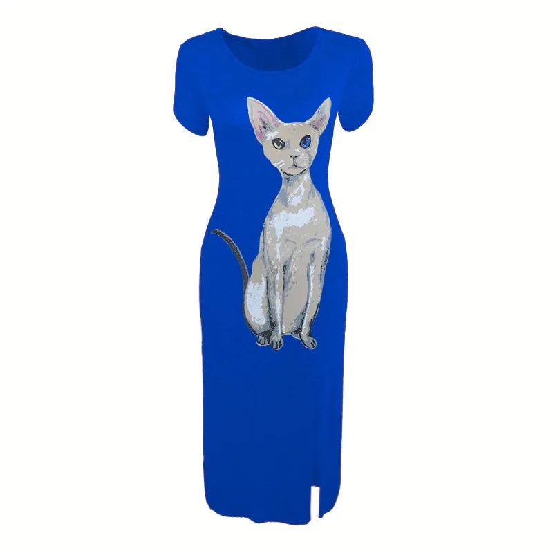 Nevettle Women Cat Print Side Split Long Dress