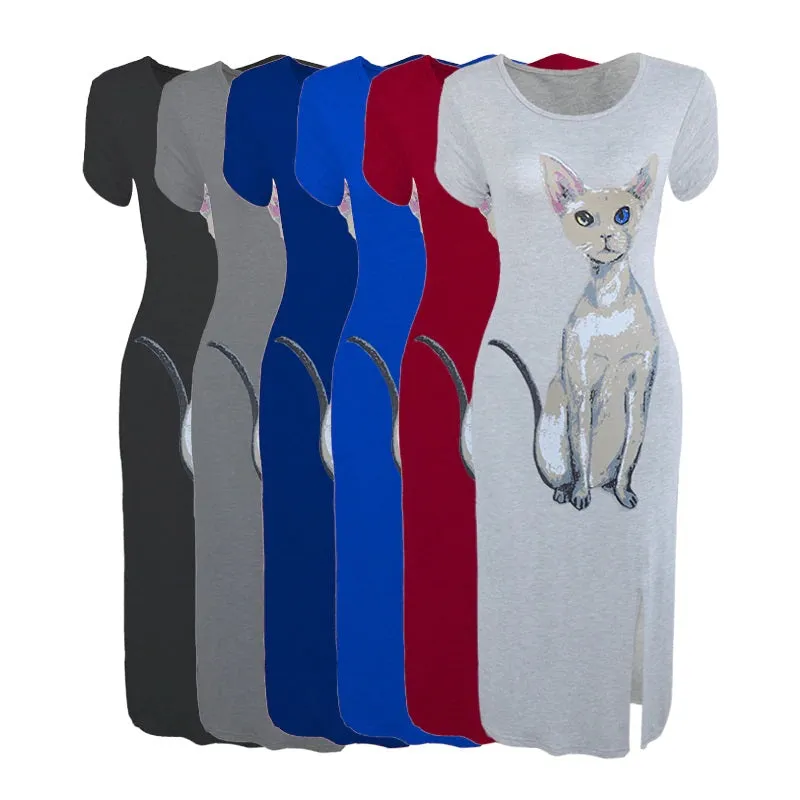 Nevettle Women Cat Print Side Split Long Dress