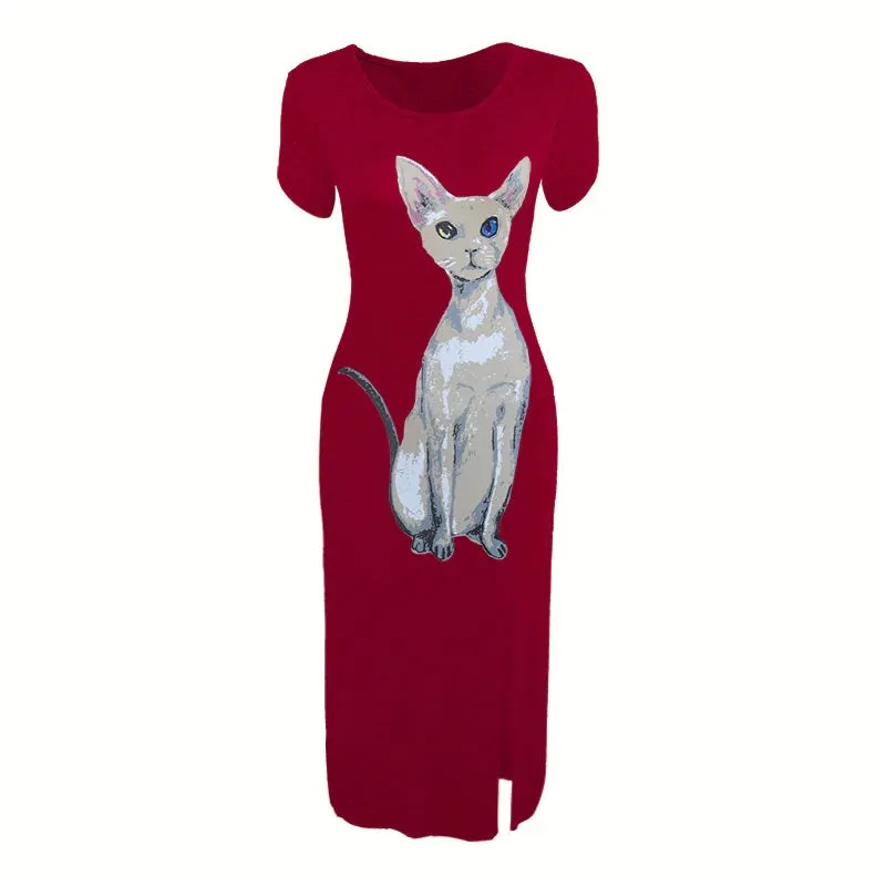 Nevettle Women Cat Print Side Split Long Dress