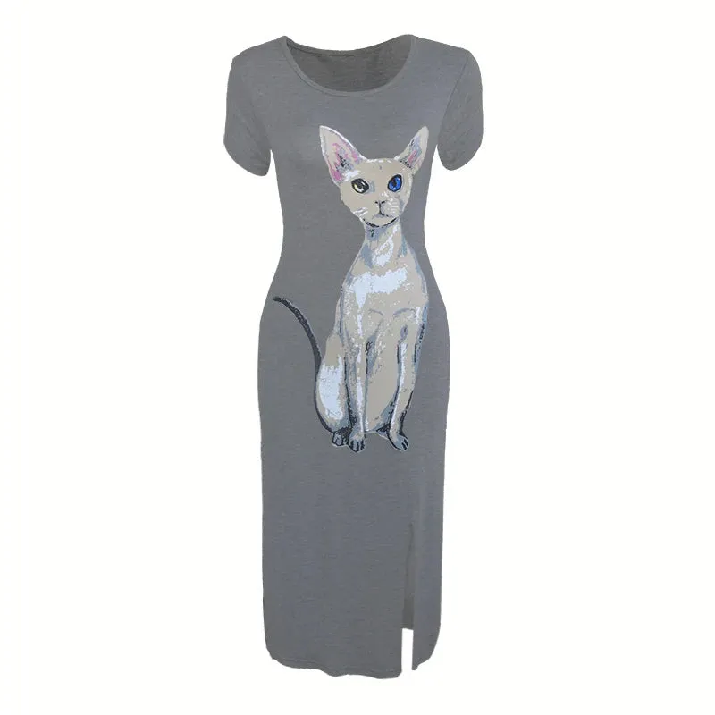 Nevettle Women Cat Print Side Split Long Dress