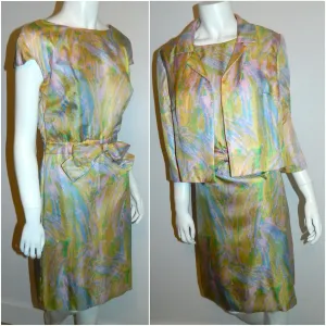 vintage 1960s pastel silk Miss Bergdorf dress jacket suit / impressionist Spring blooms watercolor XS